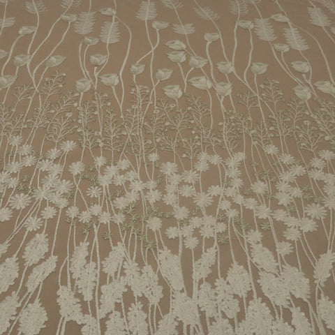 White Tulle With Silver Garden Design Embroidered Fabric - Rex Fabrics