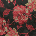 Red and Gold Florals on a Black Background Lurex Brocade Fabric - Rex Fabrics