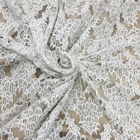 White Waves and Floral Embroidered Tulle Fabric - Rex Fabrics