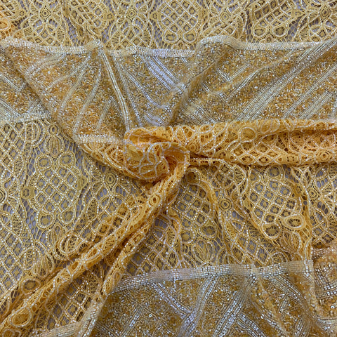 Yellow Abstract with Bugle Beads Heavy Embroidered Tulle Fabric - Rex Fabrics
