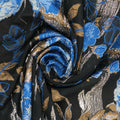Flashy Sapphire Blue with Gold Lurex Florals on Black Textured Brocade Fabric - Rex Fabrics