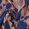 Constellation Blue with Gold Lurex Florals on Beige Textured Brocade Fabric - Rex Fabrics