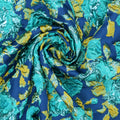 Aqua and Mustard Florals on Blue Background Brocade Fabric - Rex Fabrics