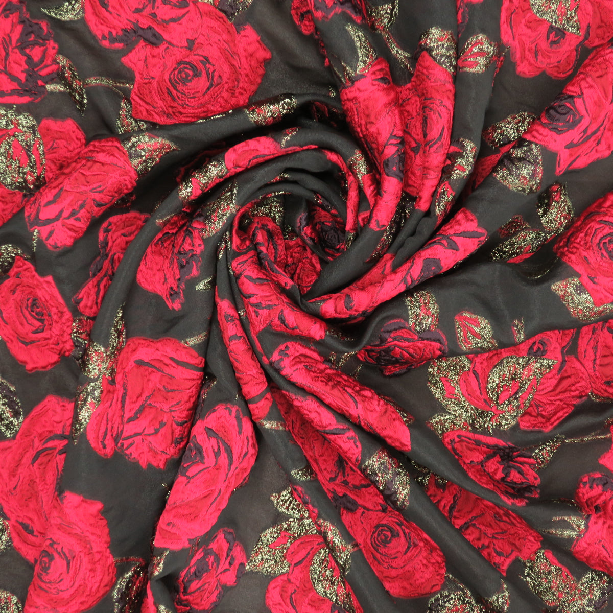 Poinsettia Red Roses with Gold Lurex on Black Organza Brocade Fabric ...