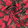 Poinsettia Red Roses with Gold Lurex on Black Organza Brocade Fabric - Rex Fabrics