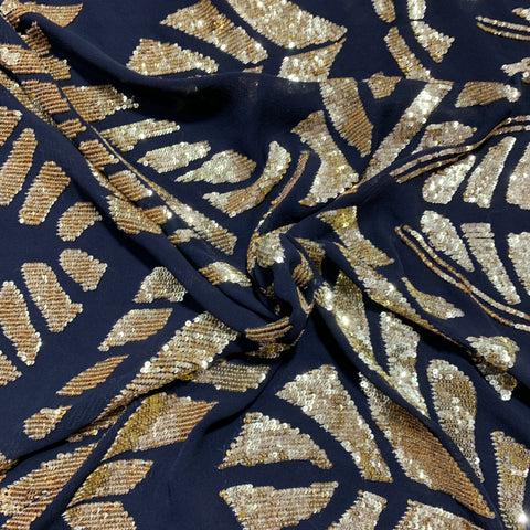 Gold Sequins in a Black Background Modern on Georgette Ground Fabric - Rex Fabrics