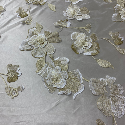 Beige and White Floral Tulle Embroidered Fabric - Rex Fabrics