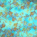 Aqua and Blue with Gold Arabesques Abstract Hues Printed Silk Jacquard Fabric - Rex Fabrics