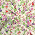 Green Purple and Lilac Tulips Floral Off White Background Linen Fabric - Rex Fabrics