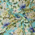 Aqua with Multicolored Florals Jacquard Printed Silk Charmeuse Fabric - Rex Fabrics