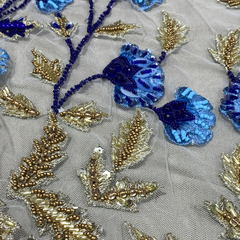 Nude Tulle with Gold and Blue Floral Design Embroidered Tulle Fabric - Rex Fabrics