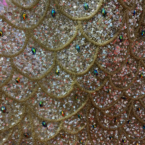 Gold Bronze Sequins and Beads Embroidered Tulle Fabric - Rex Fabrics