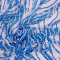 Blue and Silver Bugle Beads and Sequins Waves Embroidered Tulle Fabric - Rex Fabrics