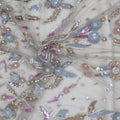 Pink with Silver Bugle Beads and Rhinestones Floral on Embroidered Tulle Fabric - Rex Fabrics