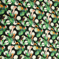 Black Background with Multicolored leaves and Birdie Printed Fabric - Rex Fabrics