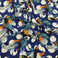Leaves and Birdie on a Dark Blue Background Dots Printed Fabric - Rex Fabrics