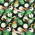 Black Background with Multicolored leaves and Birdie Printed Fabric - Rex Fabrics