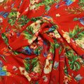 Red Background with Multicolored Leaves and Birdie Printed Fabric - Rex Fabrics