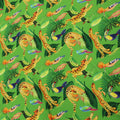 Green Background with Green Leaves and Multicolored Animals Printed Fabric - Rex Fabrics