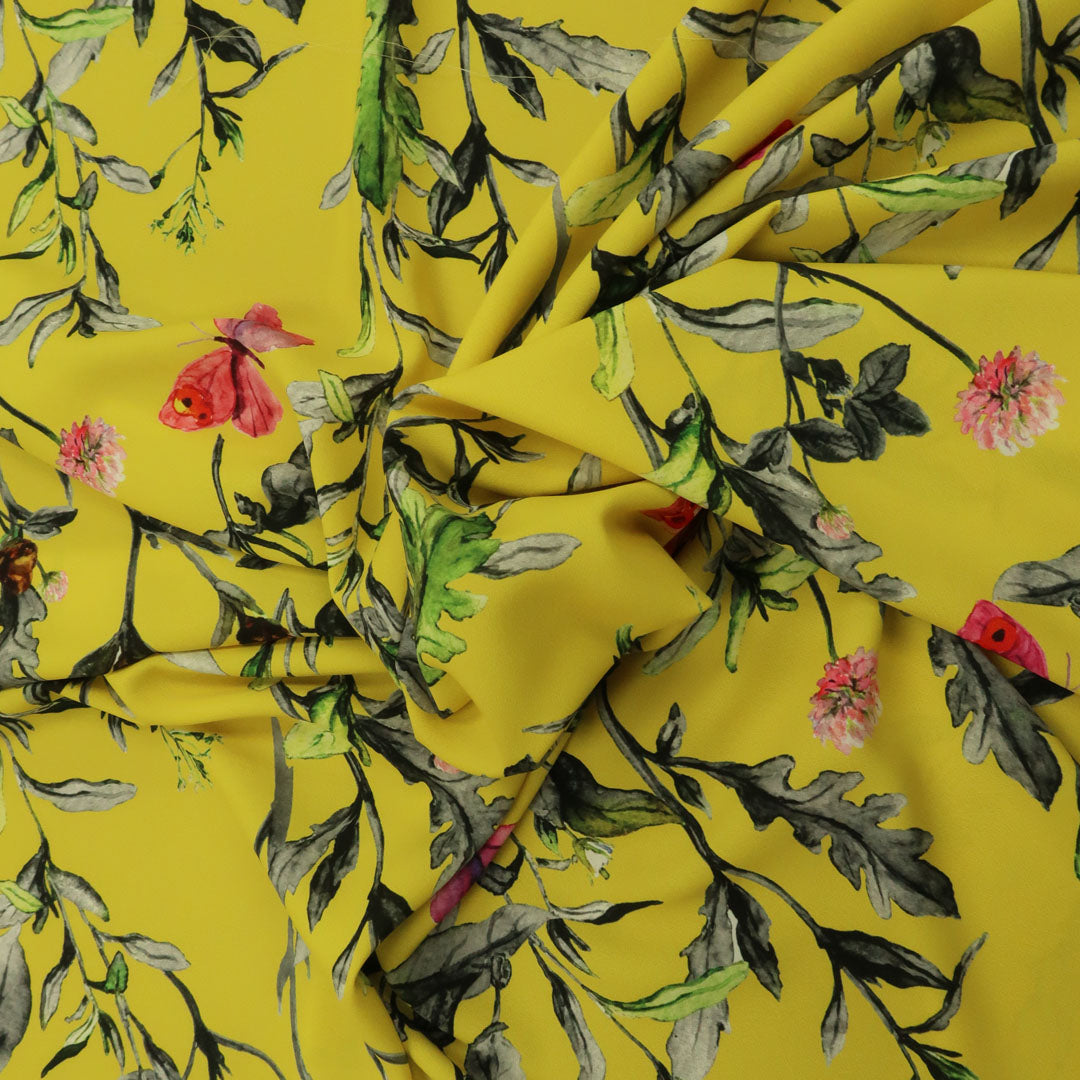 Yellow Background with Gray Floral Printed Fabric | Rex Fabrics