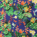 Blue Background with Green and Orange Leaves Monstera Printed Fabric - Rex Fabrics