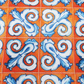 Orange Background with Blue and White Arabesque Printed Fabric - Rex Fabrics