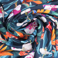Blue Background with Green Leaves and Multicolored Floral Printed Fabric - Rex Fabrics