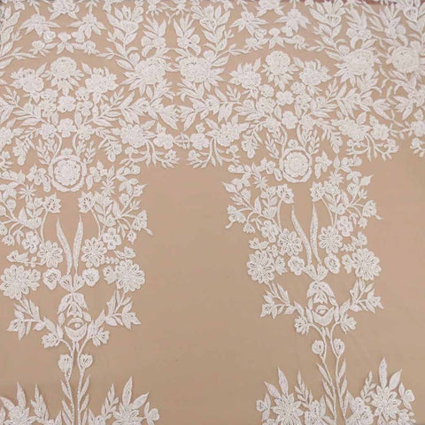 White Floral Embroidered Tulle with Beads and Sequins Fabric - Rex Fabrics