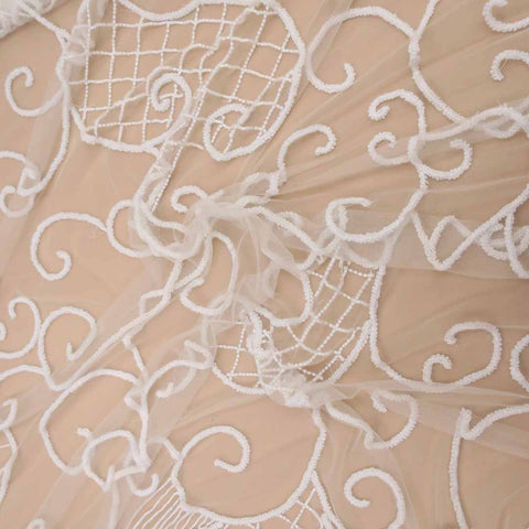 White Abstract Embroidered Tulle Fabric - Rex Fabrics