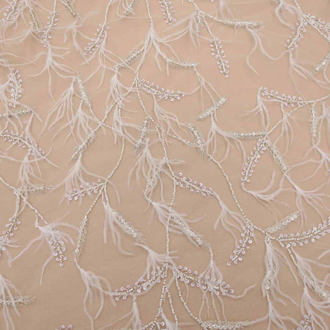 Off White Abstract Embroidered Tulle Fabric - Rex Fabrics