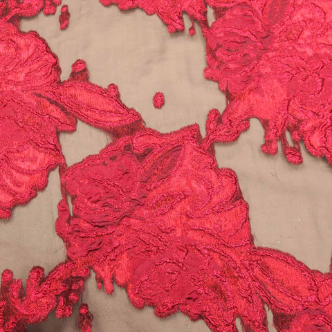 Floral Textured Red and Beige Brocade Fabric - Rex Fabrics