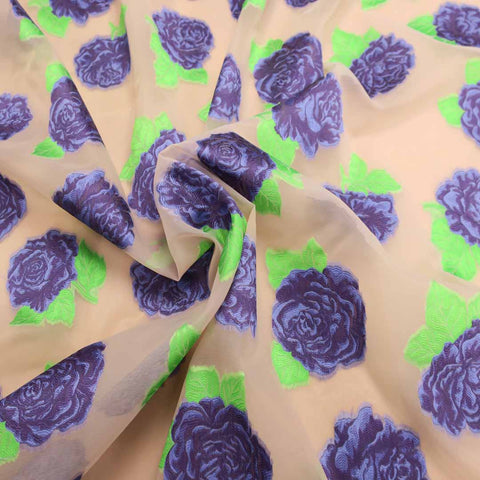 Purple And Beige Floral Textured Embroidered Organza Fabric - Rex Fabrics