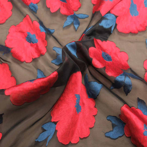 Red And Brown Floral Textured Embroidered Organza Fabric - Rex Fabrics