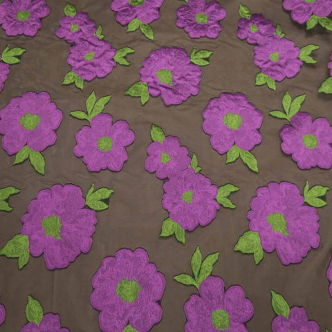 Purple And Brown Floral Textured Embroidered Organza Fabric - Rex Fabrics