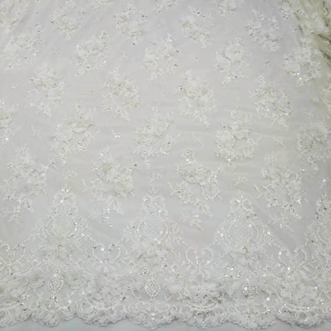 White Embroidered Chantilly Floral French Bridal Lace Dentelle de Calais - Rex Fabrics