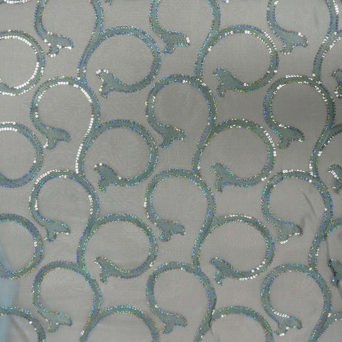 Aqua Sequin Embroidered Spiral Decorative Organza - Rex Fabrics