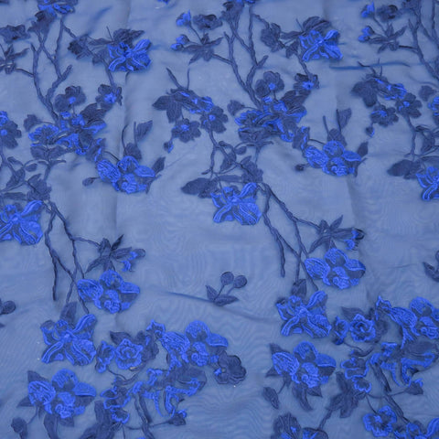Dark Blue Floral Embroidered Organza Fabric - Rex Fabrics