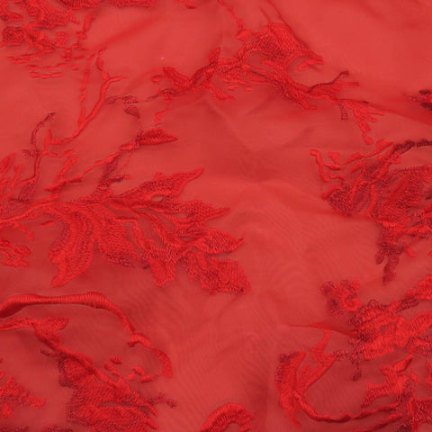 Red Floral Embroidered Organza Fabric - Rex Fabrics