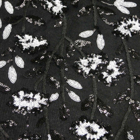 Black and White Floral Sequin Embroidered on Black Tulle - Rex Fabrics