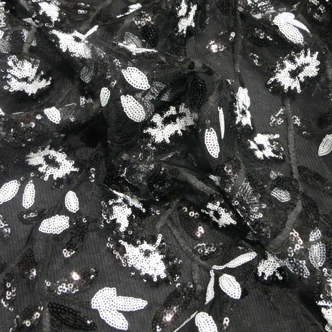 Black and White Floral Sequin Embroidered on Black Tulle - Rex Fabrics