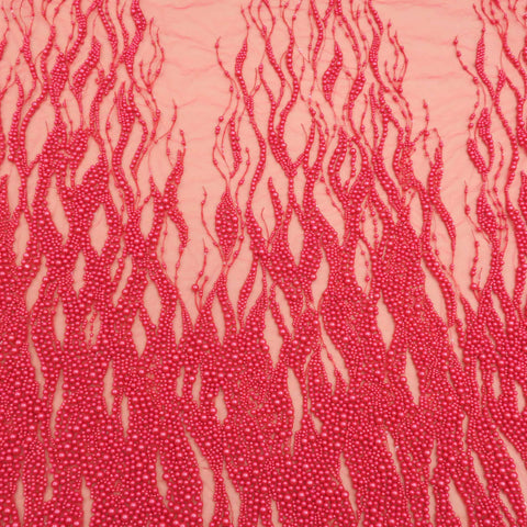 Cherry Red Pearl Design Embroidered Tulle Fabric - Rex Fabrics
