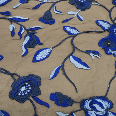 Dark Blue Floral Embroidered Tulle Fabric - Rex Fabrics