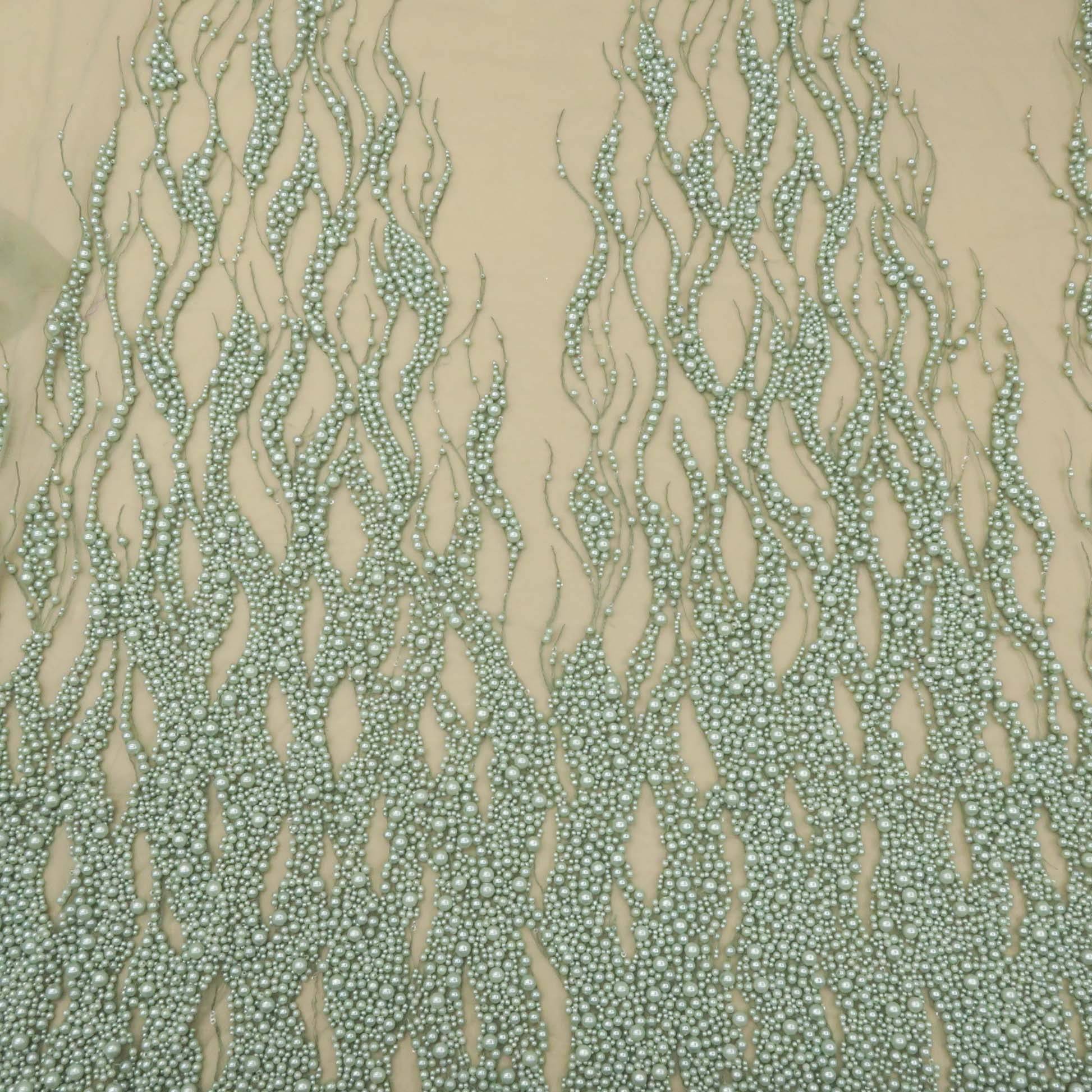 Green Pearl Design Embroidered Tulle Fabric