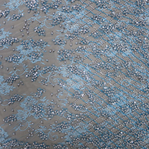 Light Blue Heavily Pearl Beaded Lace - Rex Fabrics