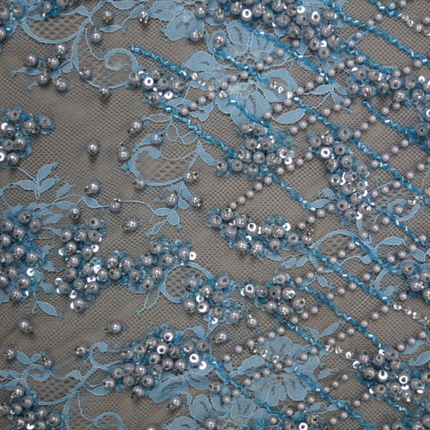 Light Blue Heavily Pearl Beaded Lace - Rex Fabrics