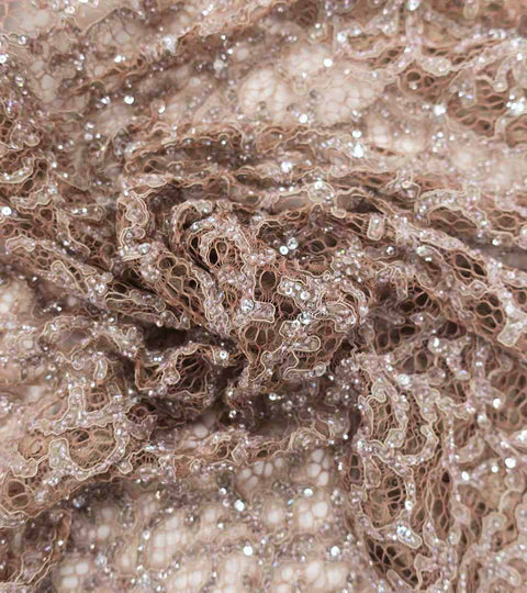 Nude Brown Abstract Embroidered Tulle Fabric - Rex Fabrics