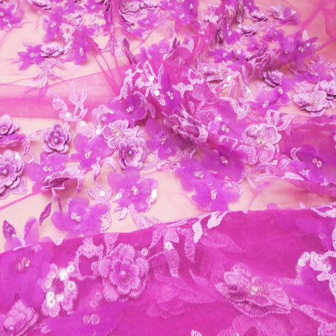 Pink Violet Sequin Floral Embroidered Tulle Fabric - Rex Fabrics