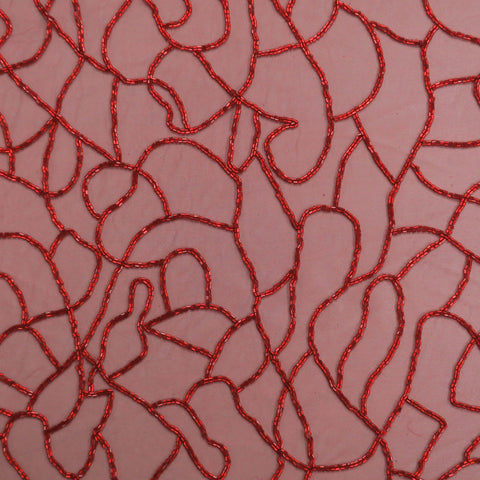 Red Bugle Beaded Embroidered Tulle Fabric - Rex Fabrics