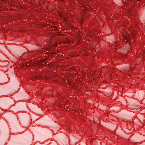 Red Bugle Beaded Embroidered Tulle Fabric - Rex Fabrics
