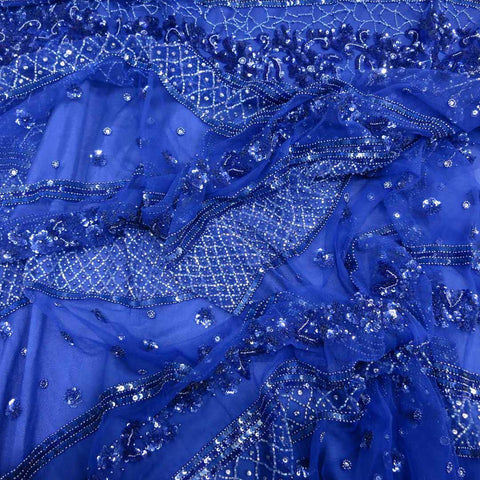 Violet Blue Tulle Embroidered with Midnight Blue Beads - Rex Fabrics